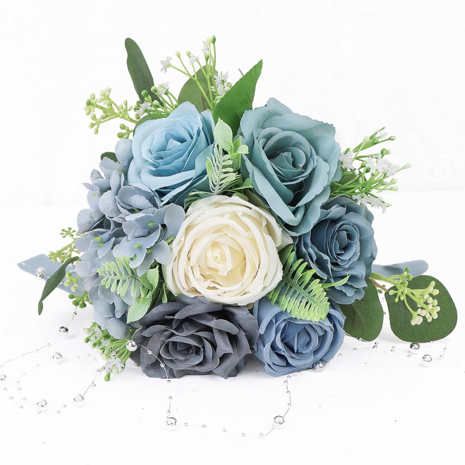 2 PCS Bridesmaid Bouquets Wedding 7 Inch Artificial Flowers Dusty Blue White