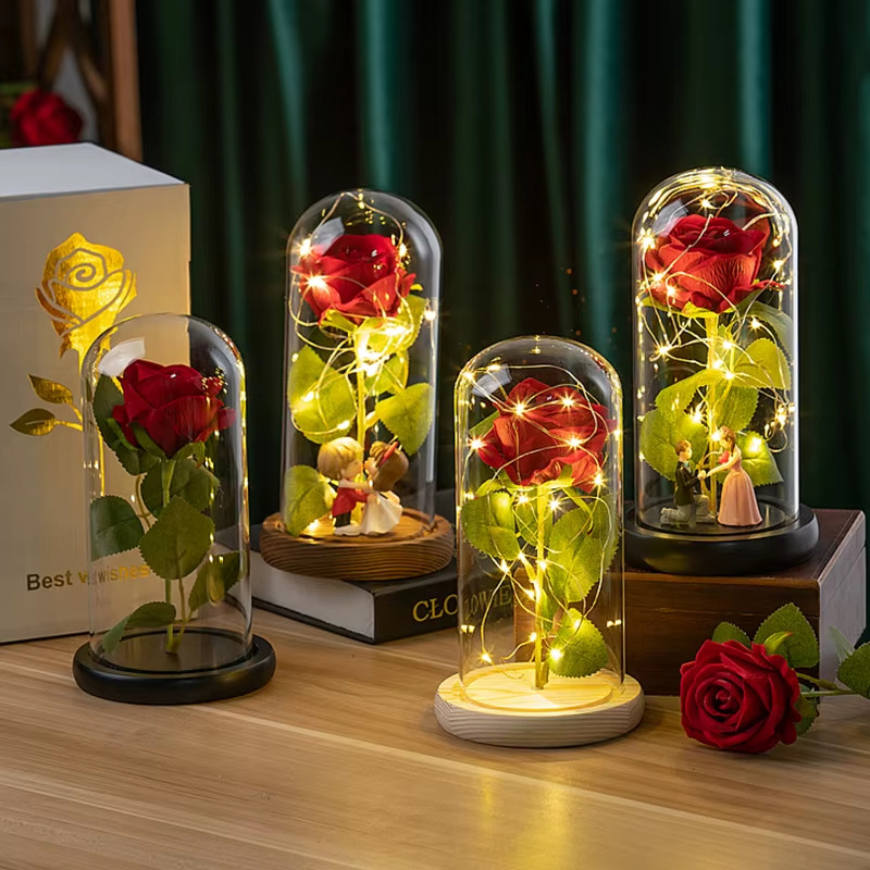 Eternal Rose Flowers Artificial Foil Flower in Glass Glow Immortal Flower LED Ro