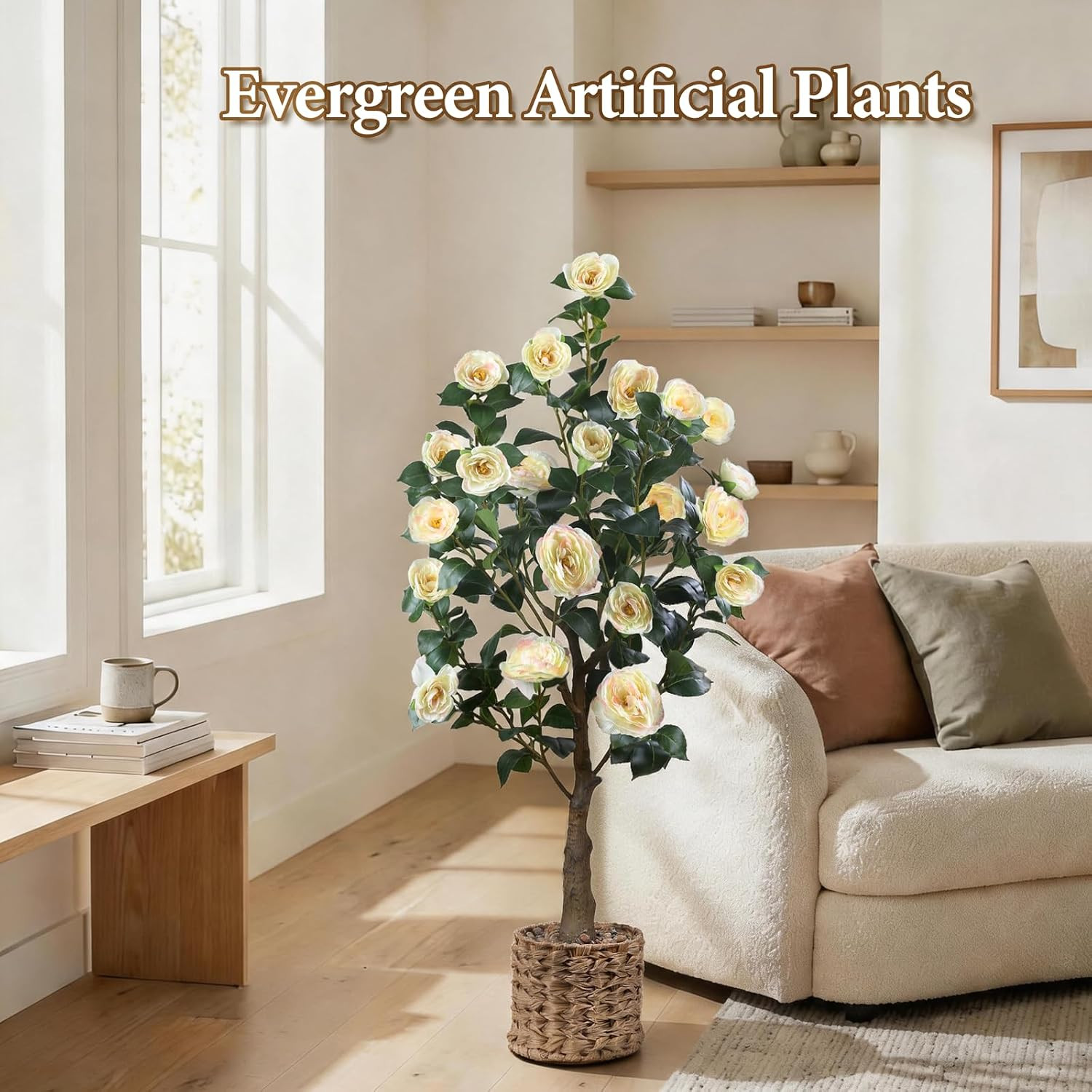48″ Artificial Camellia Tree 2 Pack, Faux Potted Camellia Flower Tree Fake Camel