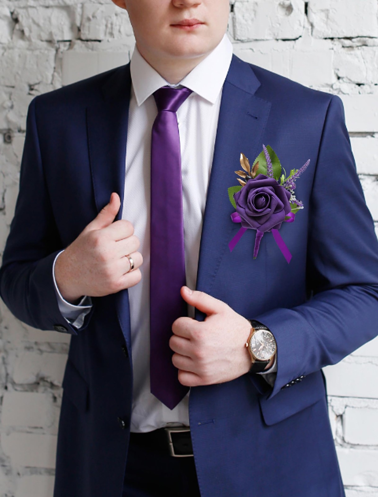 2Pcs Dark Purple Corsage and Boutonniere Set,Artificial Foam Rose,Groom Bouto…