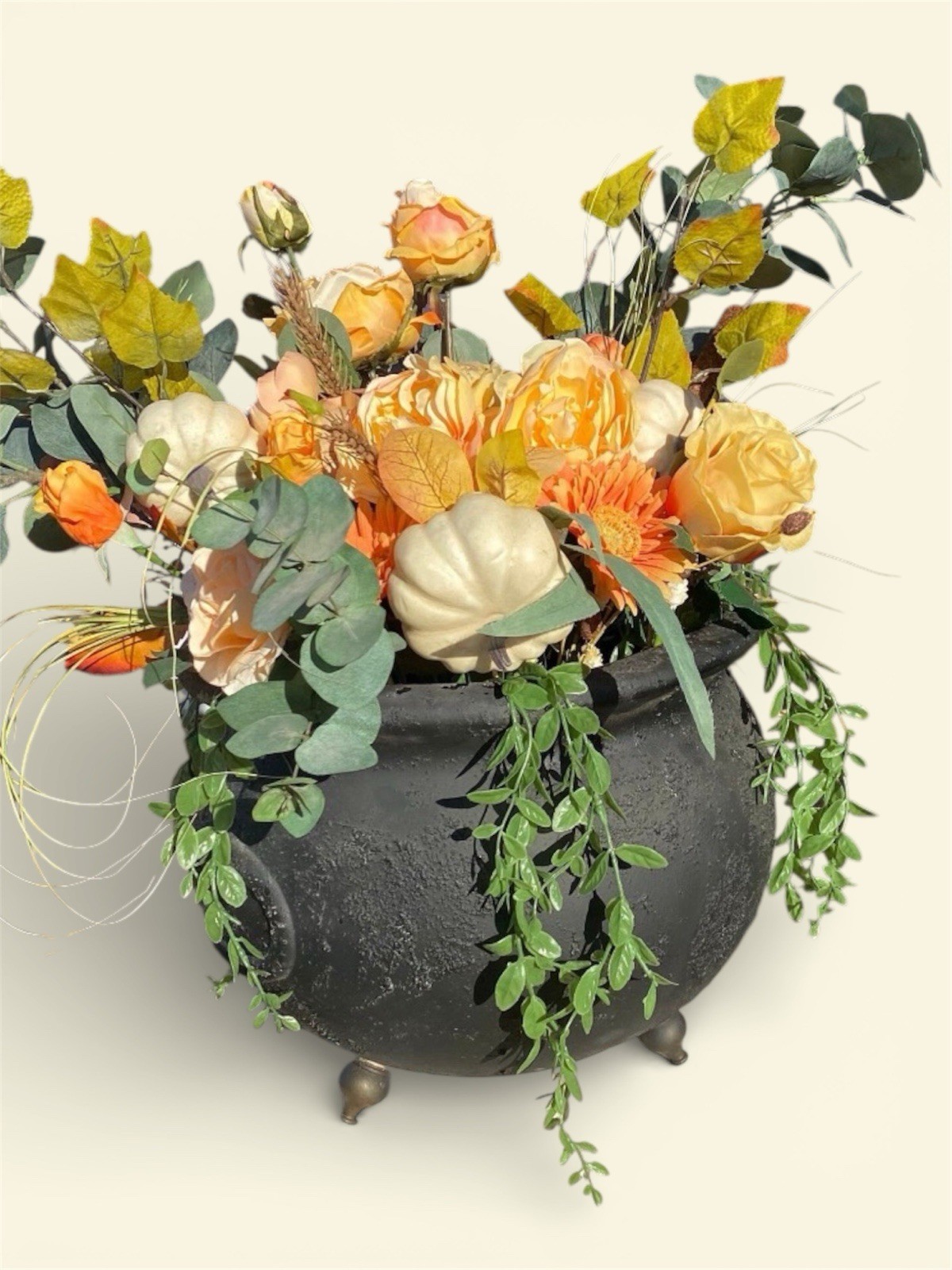 Large Decorative Footed Cauldron With Cottage-chic Autumn Floral Arrangement