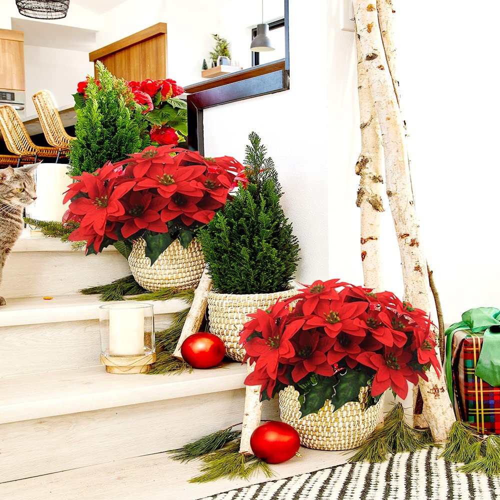 Red Artificial Poinsettia Flowers Winter Christmas Floral Bouquet 4 PCS