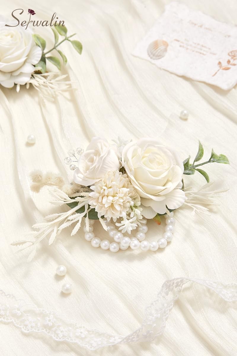 White Rose Boutonniere And Wrist Corsage Set For Prom Wedding Party Men