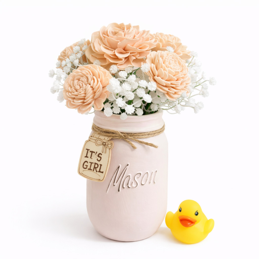 Pink Sola Wood Flowers Mason Jar Arrangement Baby Shower Centerpiece Home Decor