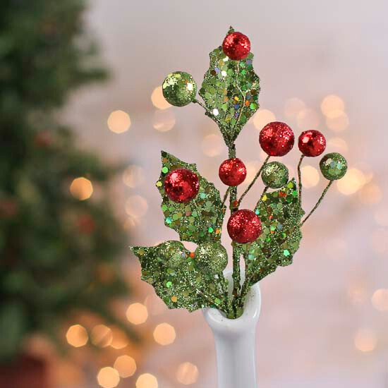 Bulk Pack of 8 Sparkling Artificial Holly and Berry 9″ Picks