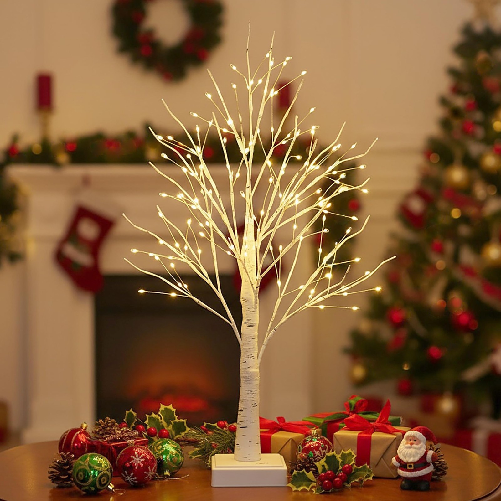 Small Lighted 2FT Birch Tree 144 LED Warm White Tabletop Lamp Timer Xmas Decor