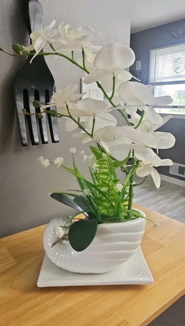 Artificial White Orchid Floral Arrangement in White Ceramic Pot Artificial Soil