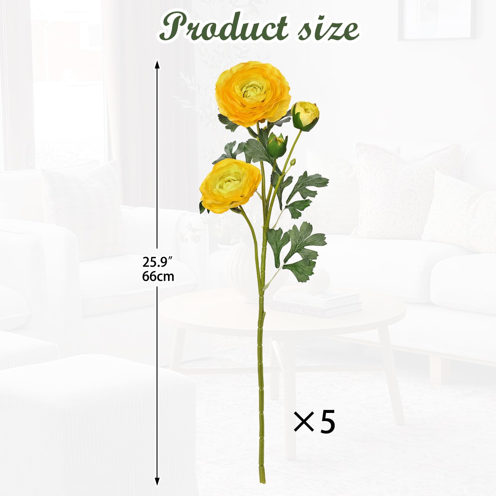 Yellow Ranunculus Artificial Flowers Bouquets, Set of 5 25.9” Long Stems Fau…