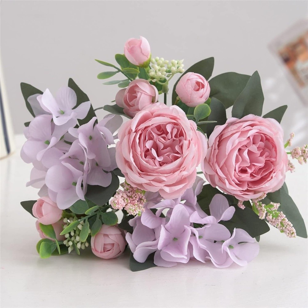 Wedding Bouquet with Silk Peony Hydrangea Flowers for Home Decor Display
