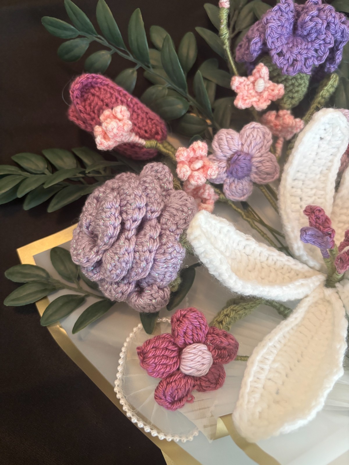 Hand Crocheted Flower Bouquet Purple Pink Burgandy Rose Lily Carnation Gift