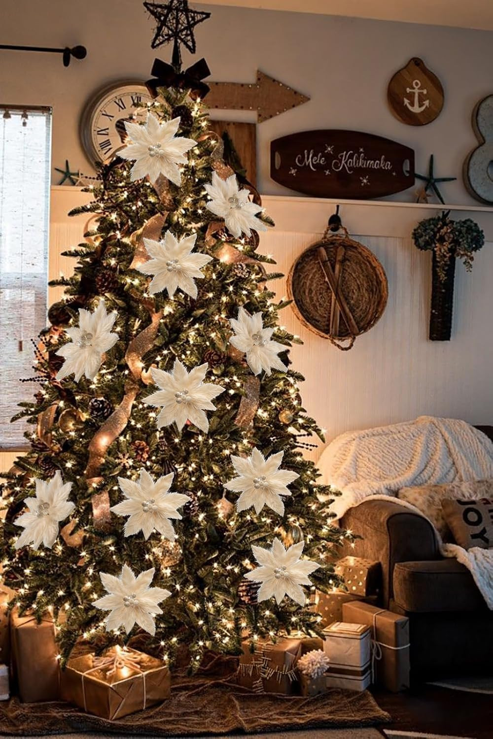 4PCS Creamy White Poinsettia Artificial Flowers for Christmas Decor