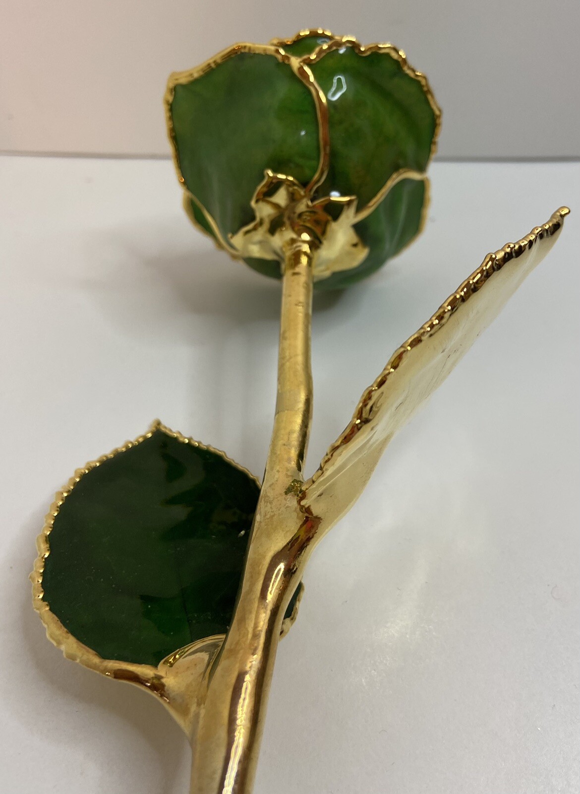 11″ EMERALD GREEN, GOLD DIPPED ROSE, ENAMELED AND DIPPED. LONG STEM ROSE. VGC