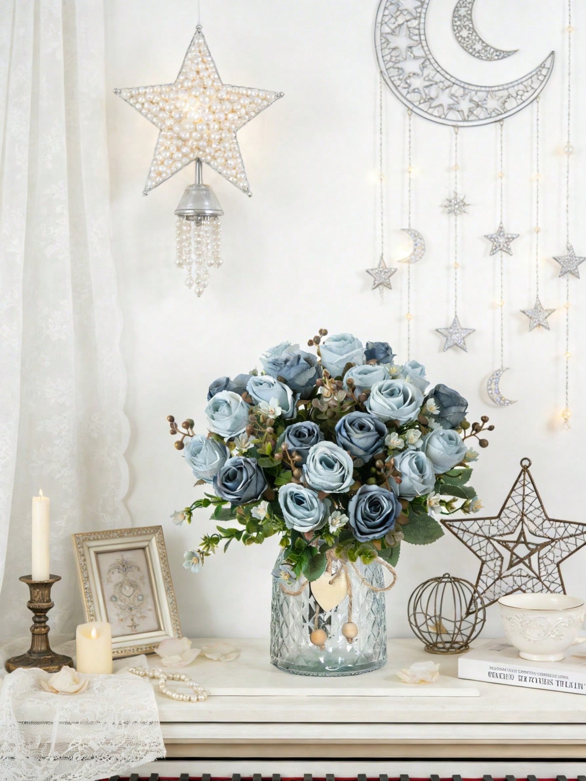 Baby Blue Artificial Silk Rose Bouquet One Size For Home Wedding Decor