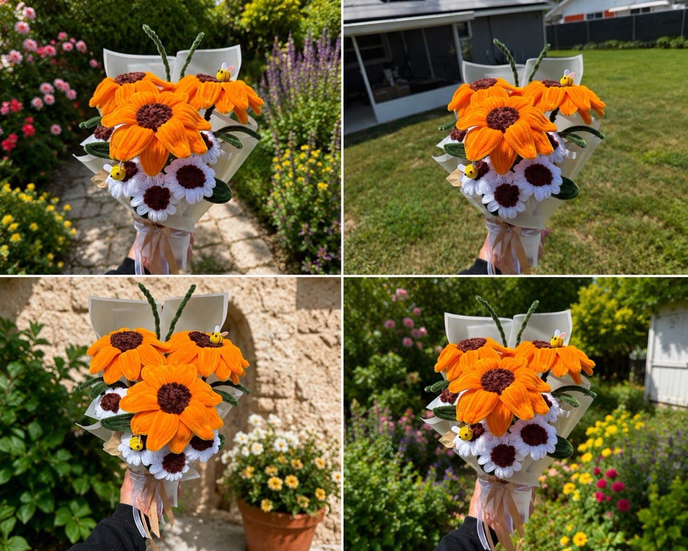 Handmade Eternal Sunflower Daisy Bouquet Bee Decor Crochet Pipe Cleaner Flowers