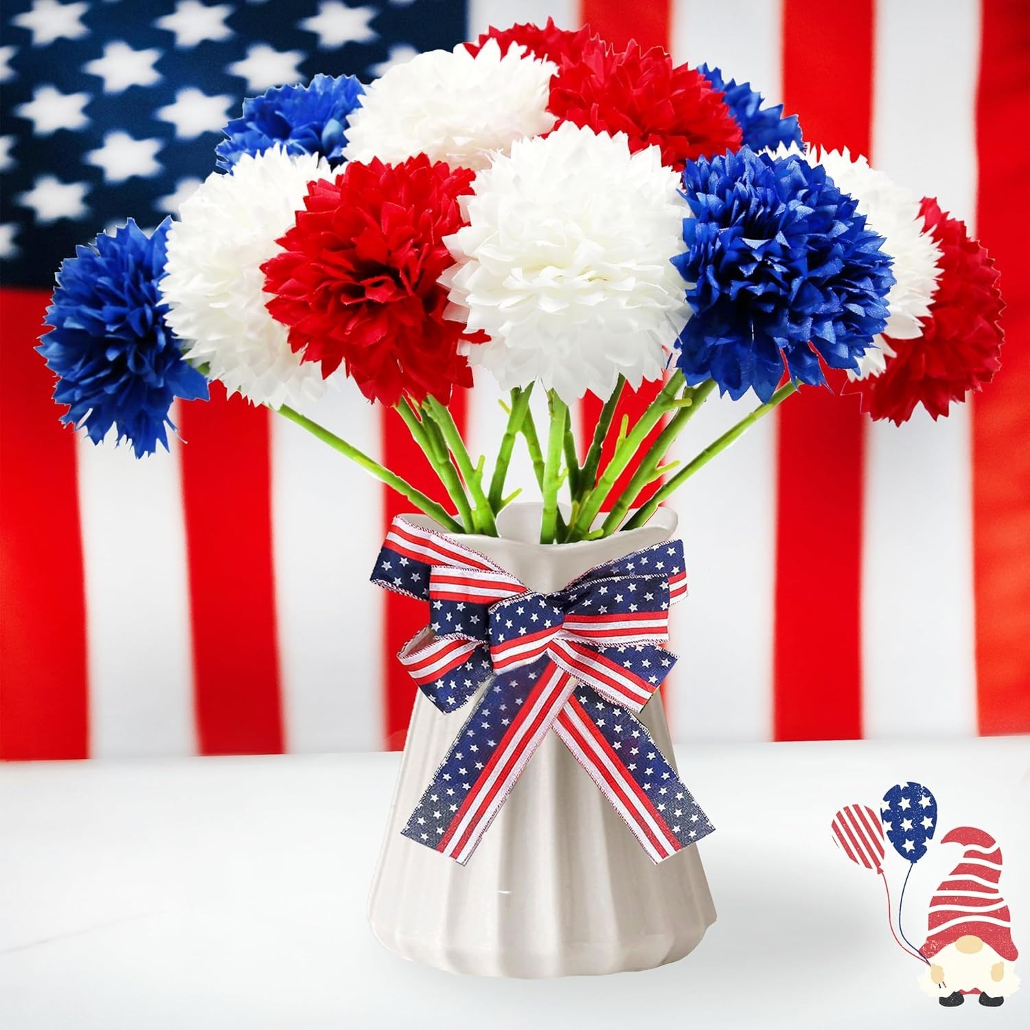 Patriotic 12-Pc Faux Chrysanthemum Bouquet in Red, White, and Blue for Events