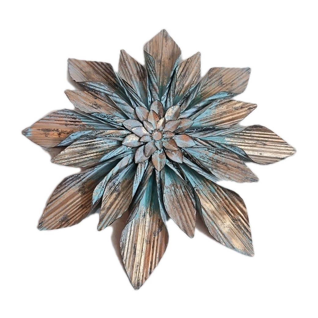 Metal 2 Pc 16″ Hanging Flowers with Rust/Gold/Teal Accents, Quality Textured