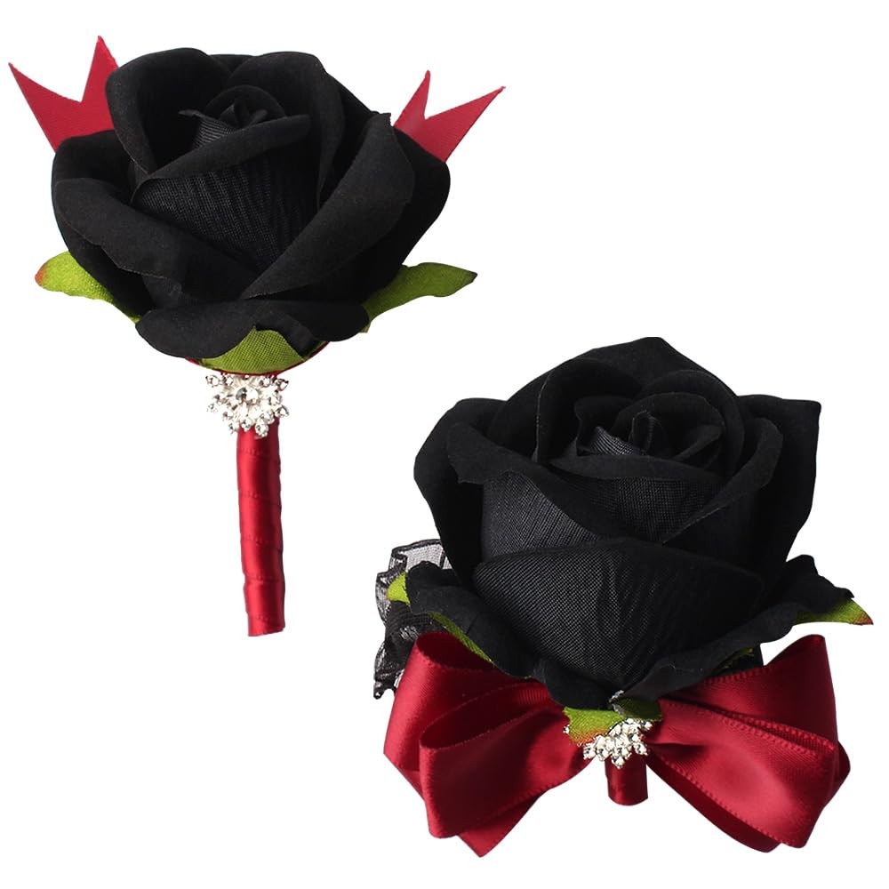 2 PCS Red Black Rose Wrist Corsage Boutonniere Set Wedding Prom Party Decor