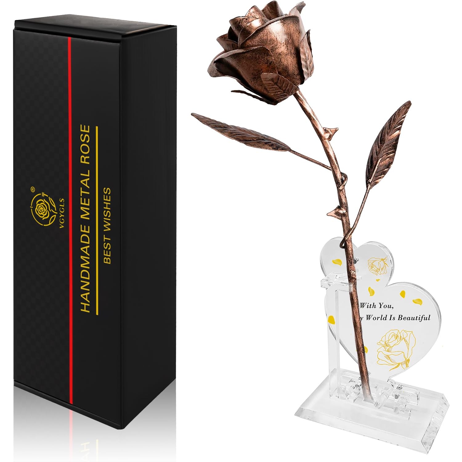 Copper Rose with Heart Stands – 7th Anniversary Handmade Metal Sculpture Gift