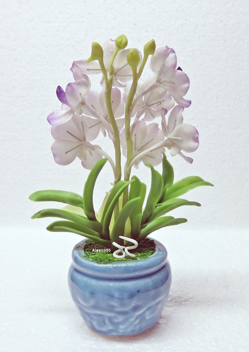 US Stock 4″H Handmade Air-Dry-Clay Artificial Mini Dendrobium Orchid Arranged