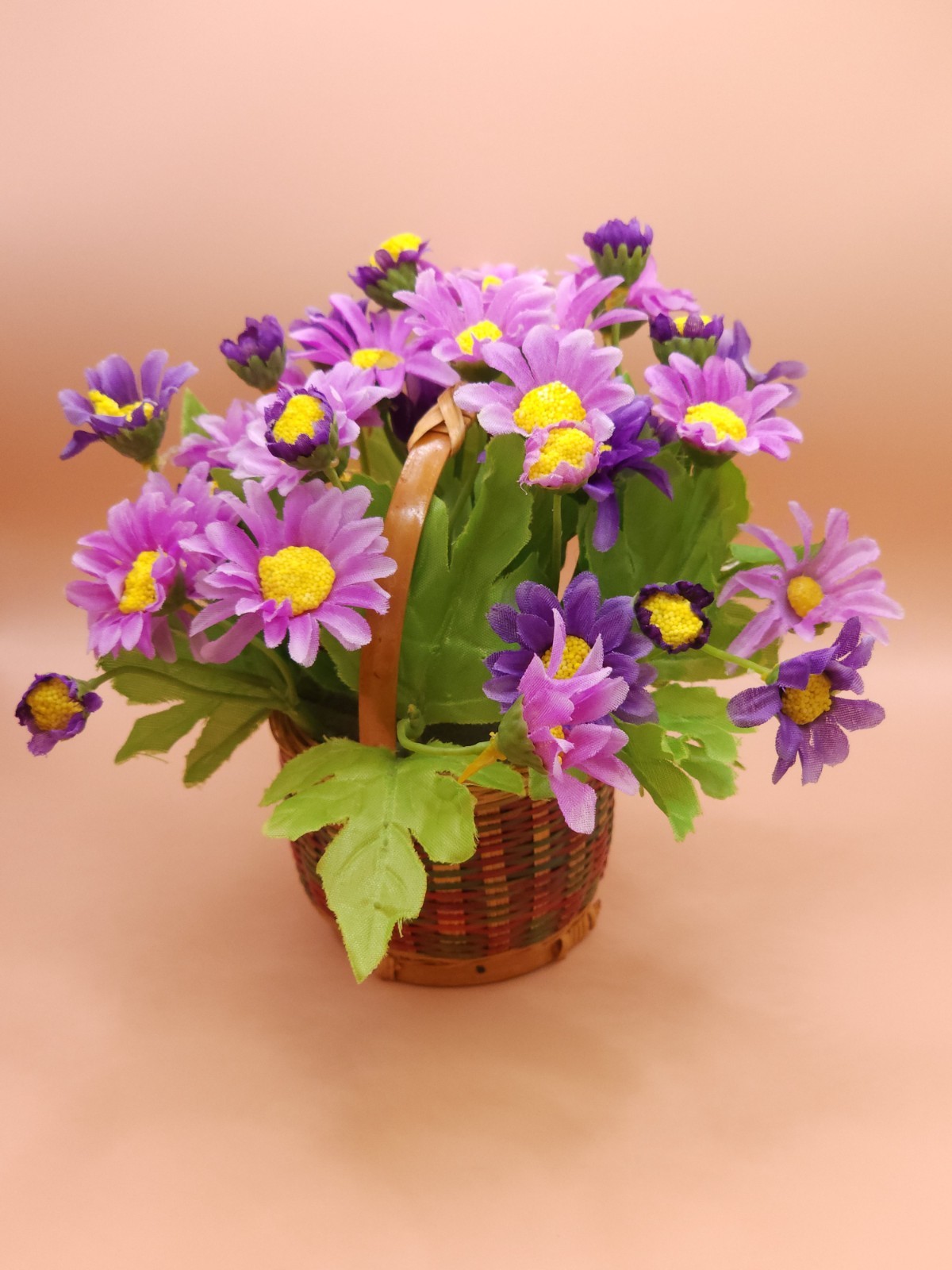 Vibrant Purple & Yellow Daisy Faux Floral Arrangement in Wood Woven Basket