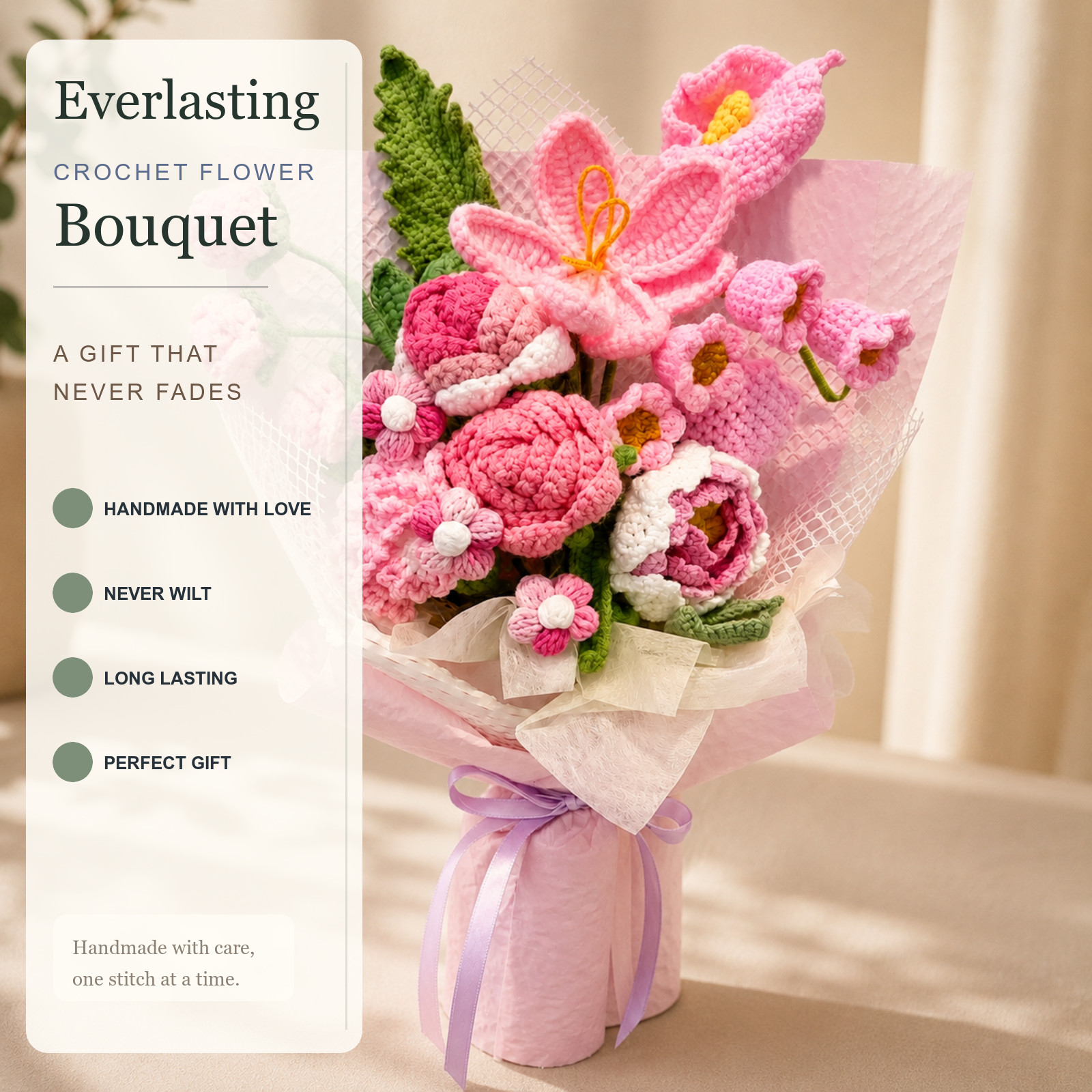 Pink Purple Crochet Flower Bouquet Birthday Gift for Her