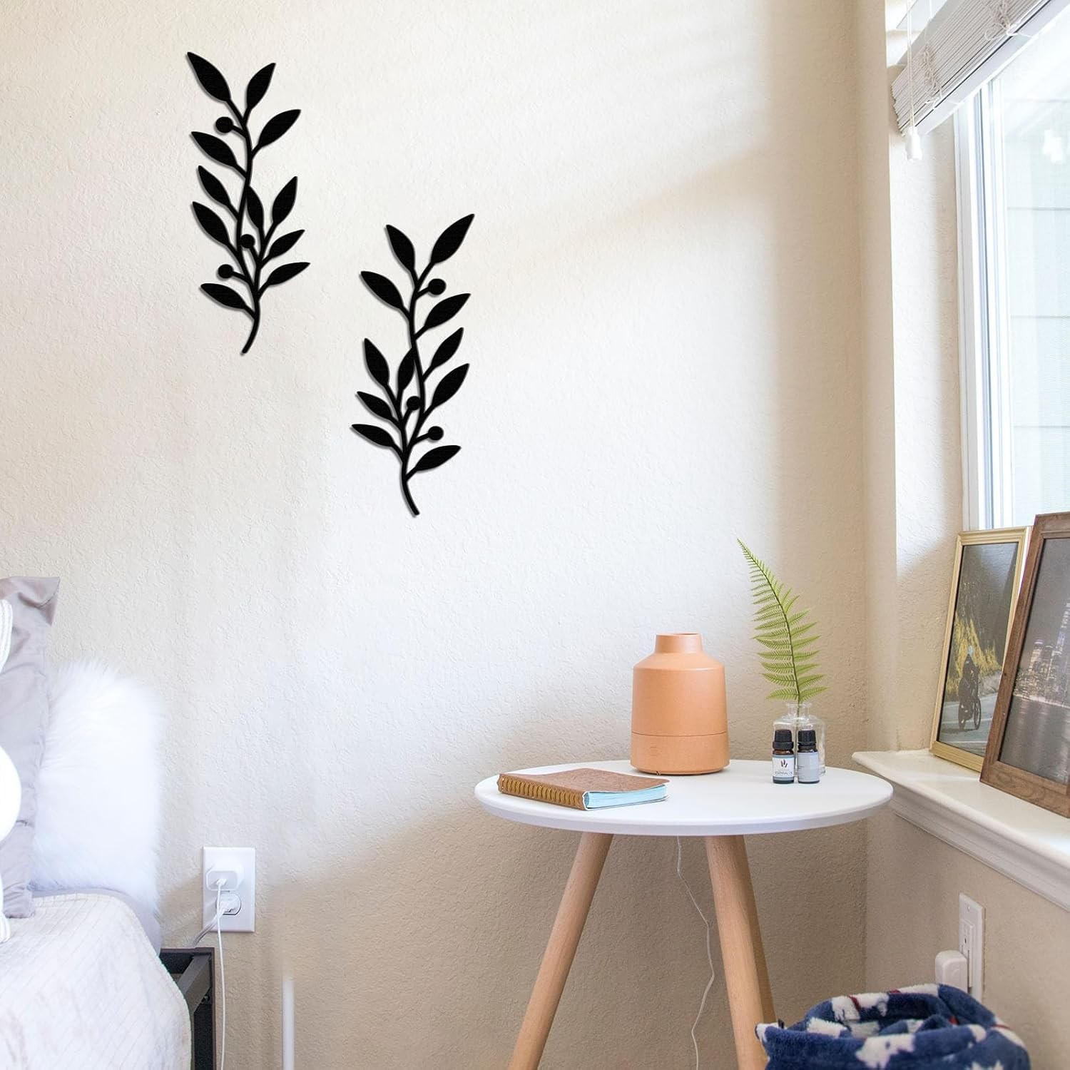 2 Pieces Black Leaf Wall Decor Wooden Vine Olive Branch Leaves Botanical Art