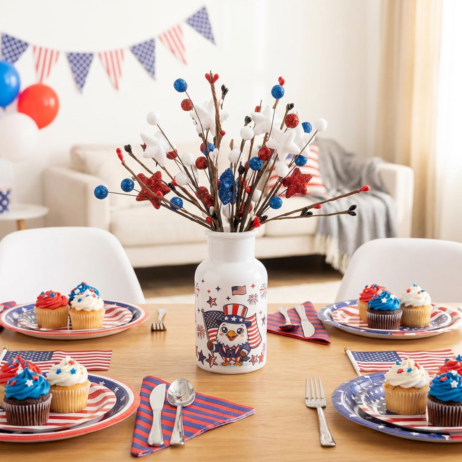 2 Set Patriotic Artificial Flower Stems with Glass Vase, 4th of July Artifici…