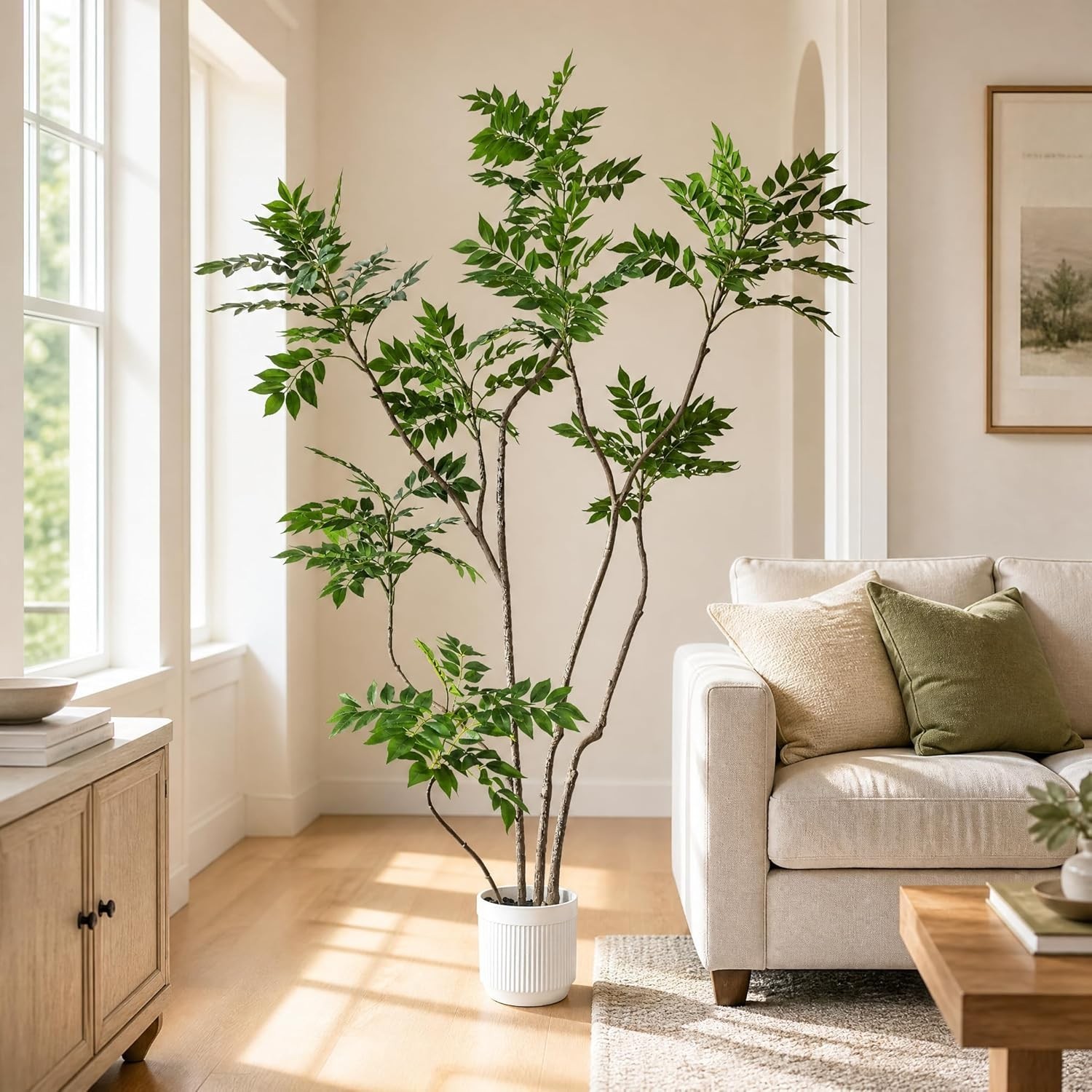 6.5FT Artificial Sumac Tree Faux Mahonia Fortunei Tree with White Pot for Hom…