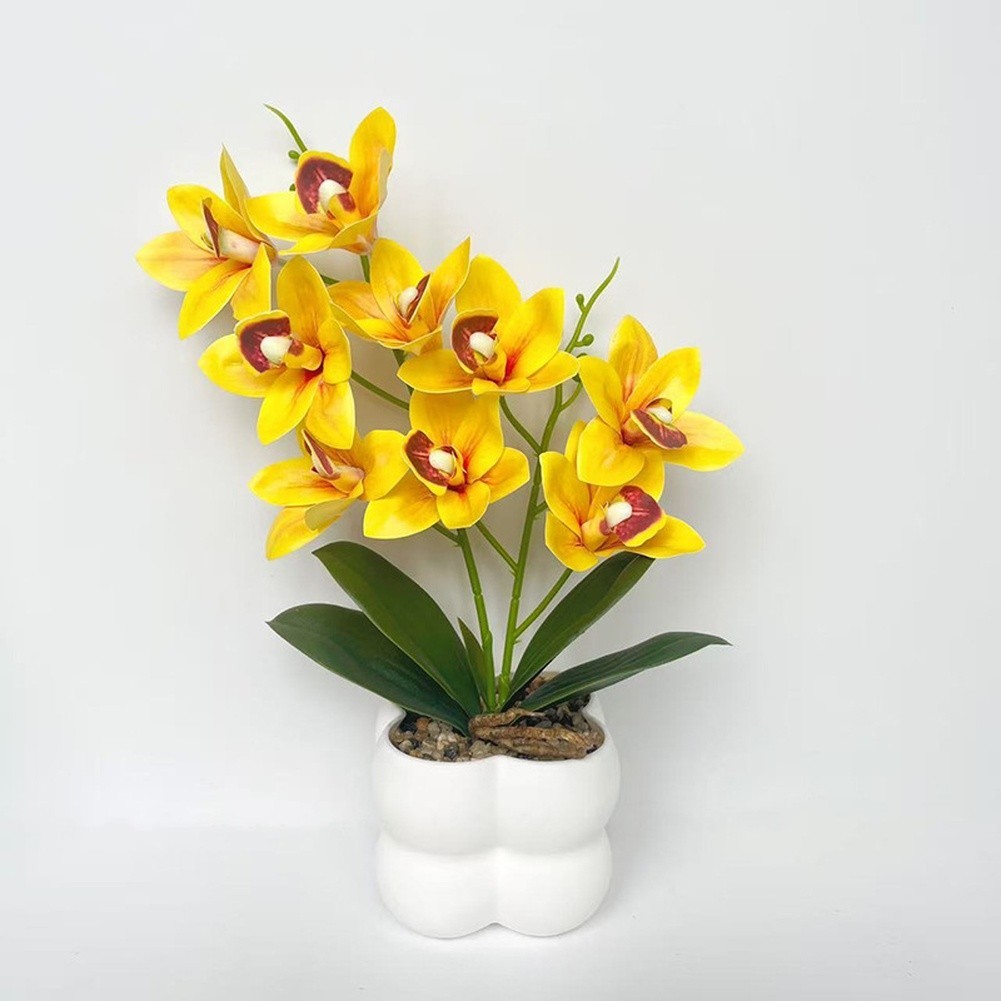 35cm Faux Pink Cymbidium Orchid in White Ceramic Pot for Minimalist Decor