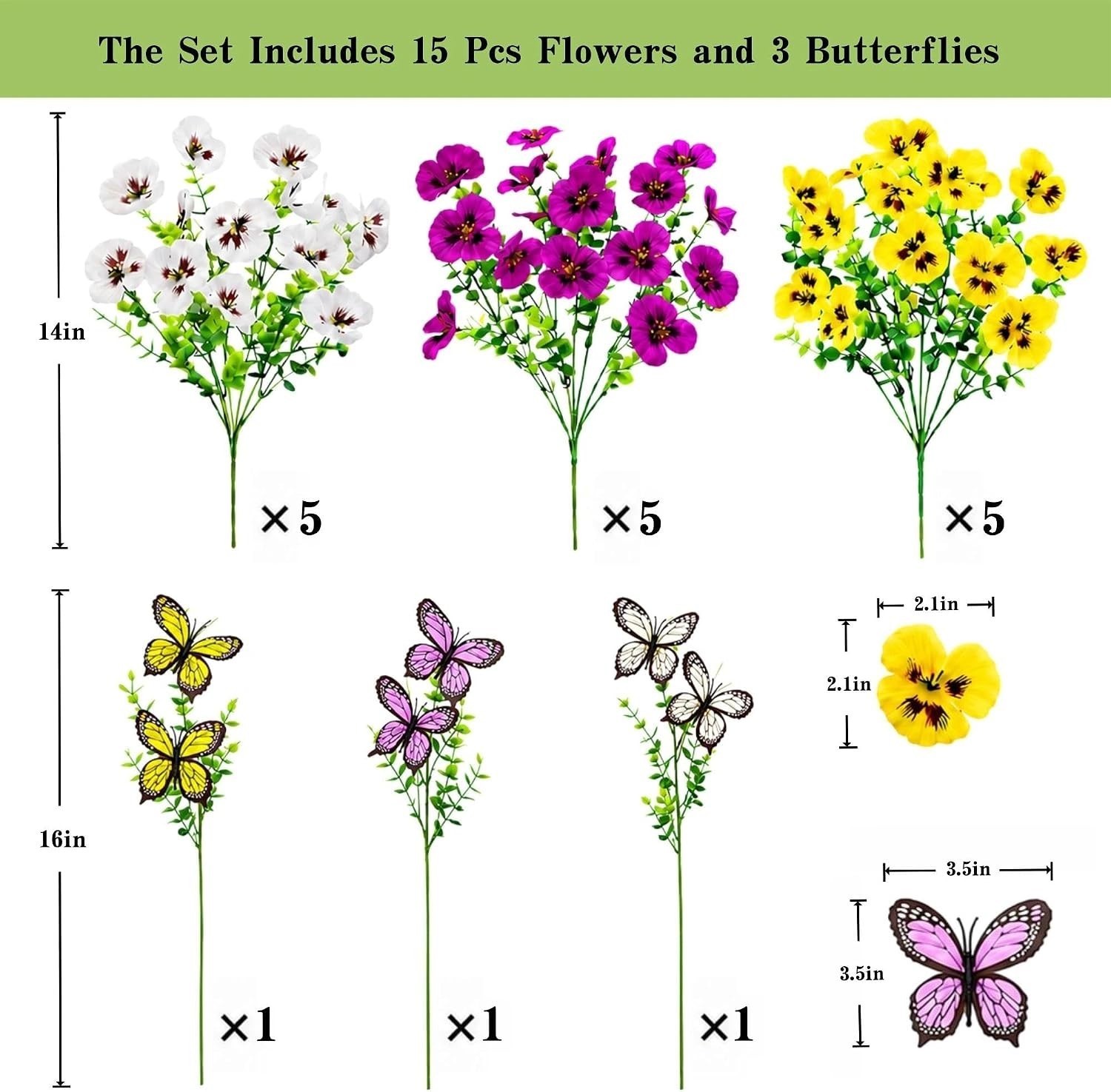 18pcs Outdoor Artificial Pansies with Butterflies – Lifelike UV Protected Blooms