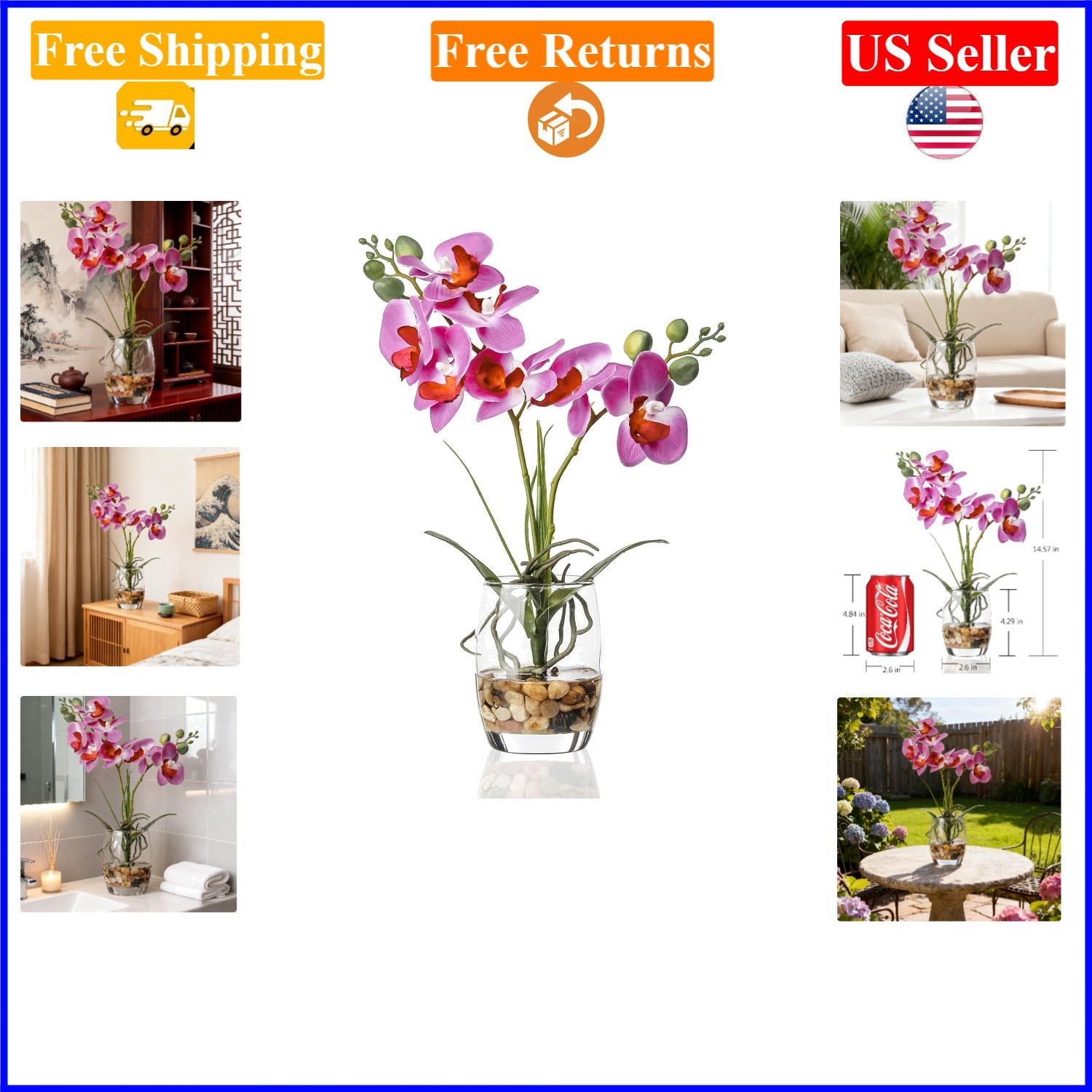 Purple Artificial Orchid in Glass Vase, 14.5-Inch Home & Office Decor