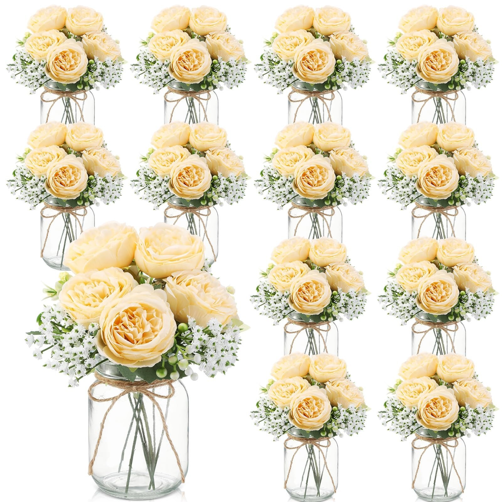 12 Sets Rustic Mason Jar Centerpieces, Faux Peony & Baby’s Breath Bouquets, Wedd