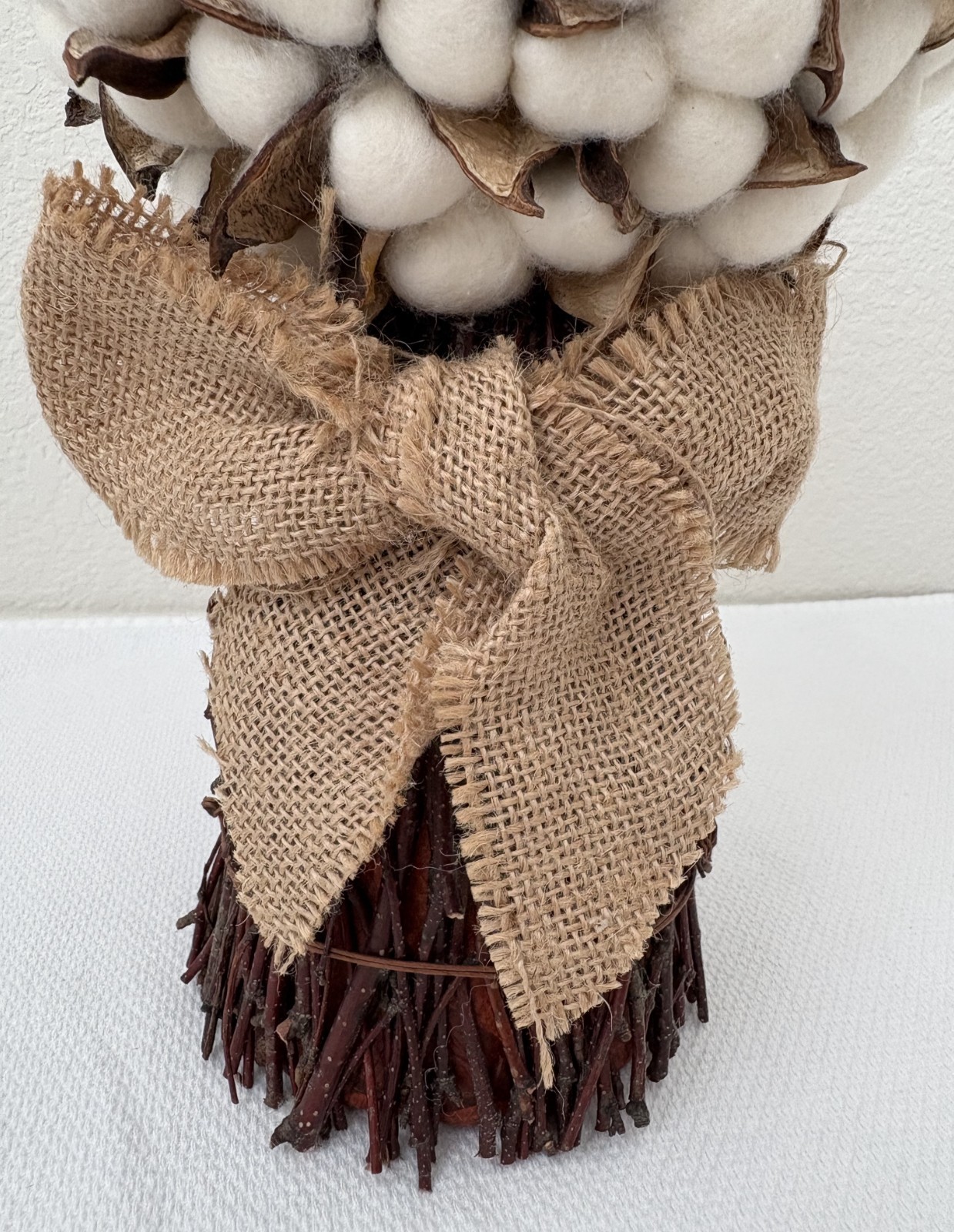 Cotton Stalk Bouquet Combined with Burlap Ribbon, Home Decor 13″x7″ (5″ at base)