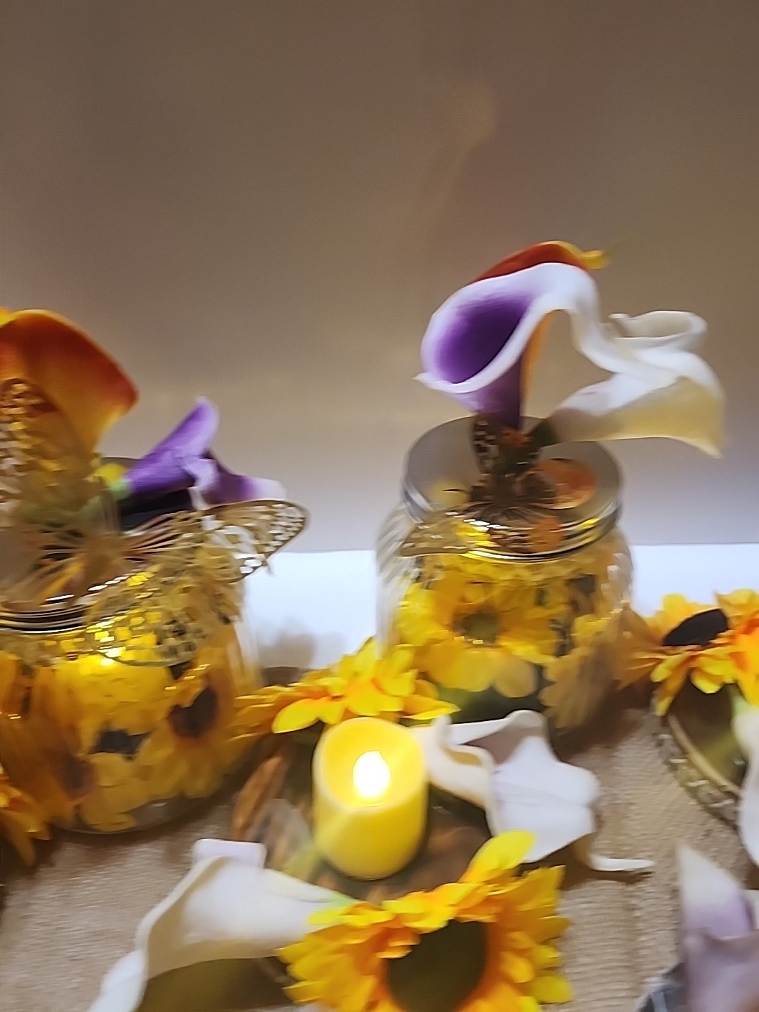 Sunflower Display W/ Lights 70 Inch Burlap 3 Canning Jar 10 Floral Candle Holder