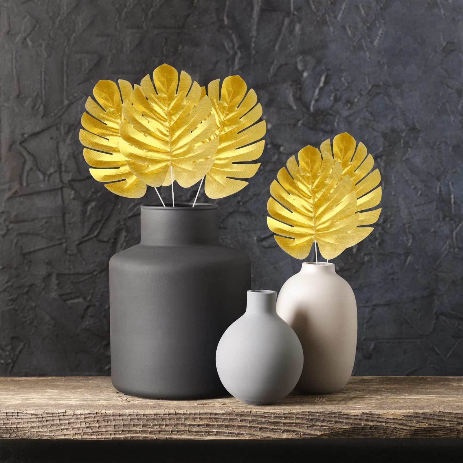 24PCS Artificial Gold Palm Leaves, Golden Faux Tropical Monstera Leaves Reali…