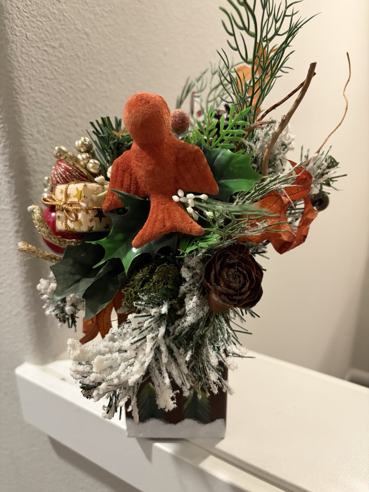 Painted Snowman Tin Bucket w Artificial Pine Table/Wall Arrangement ~Christmas