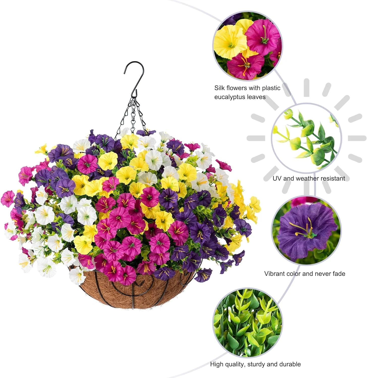 Artificial Faux Hanging Plants Flowers Basket for Spring Summer Outdoors Decorat