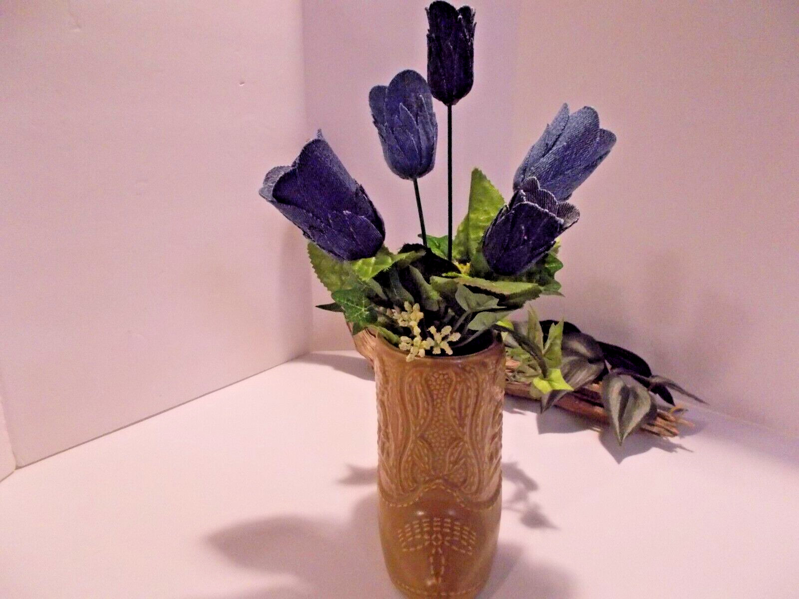 Western Cowboy Boot Cup with Handmade Denim Rose Arrangement – Upcycled Decor