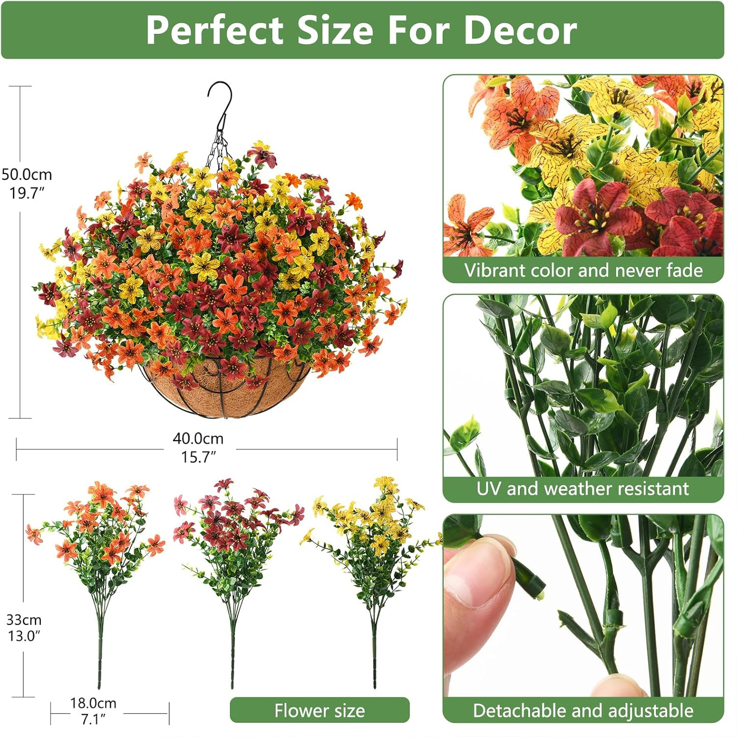 12 Pcs Faux Fall Flowers in Hanging Basket | UV Resistant Silk Daisy Decor