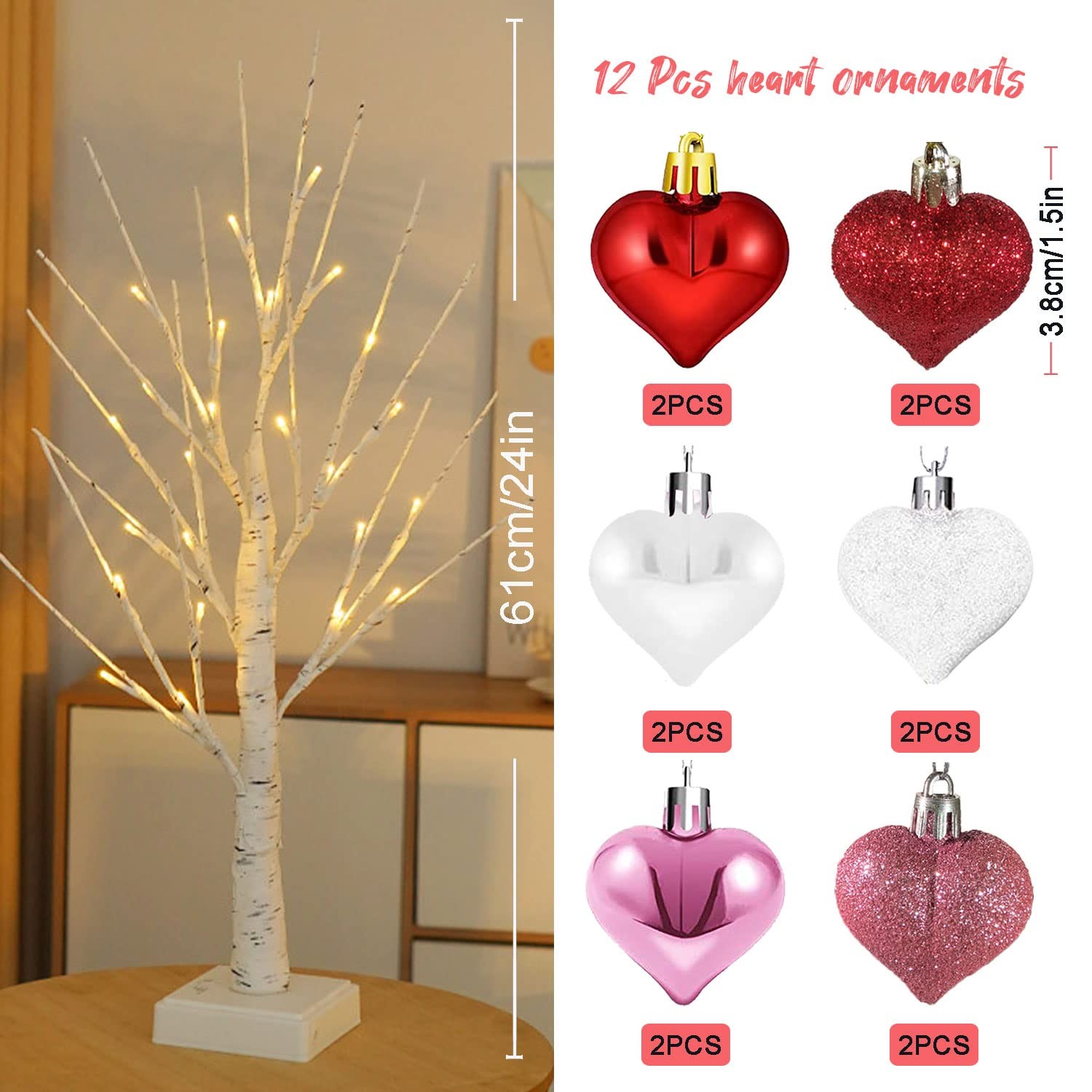 Valentine Tree, Valentines Day Centerpiece for Table, Lighted Valentine Decorati
