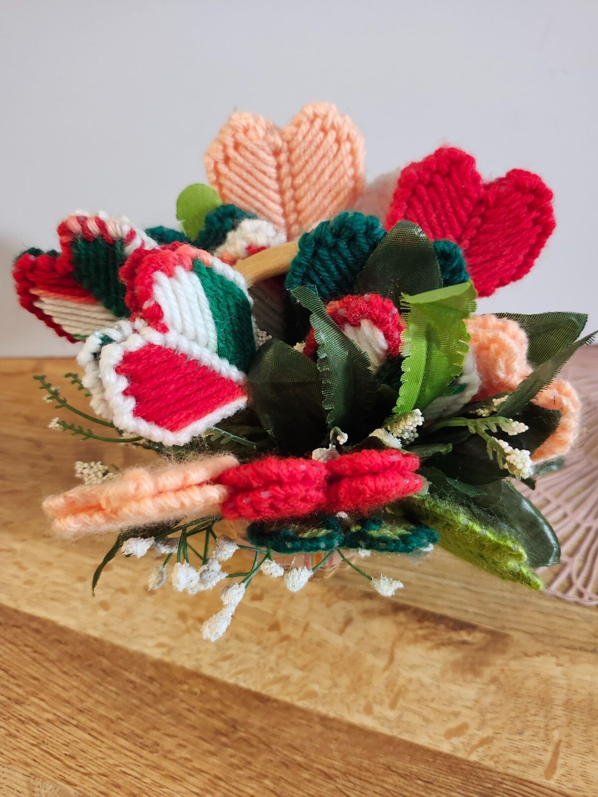 Basket of Heart Flowers Crochet Vintage Handmade