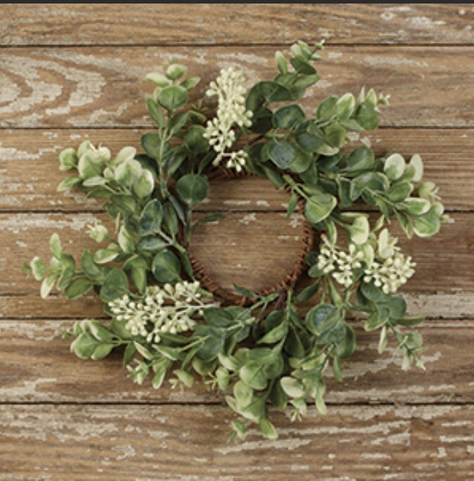 Eucalyptus ‘n Berries Candle Ring Wreath – White Green Country Farmhouse
