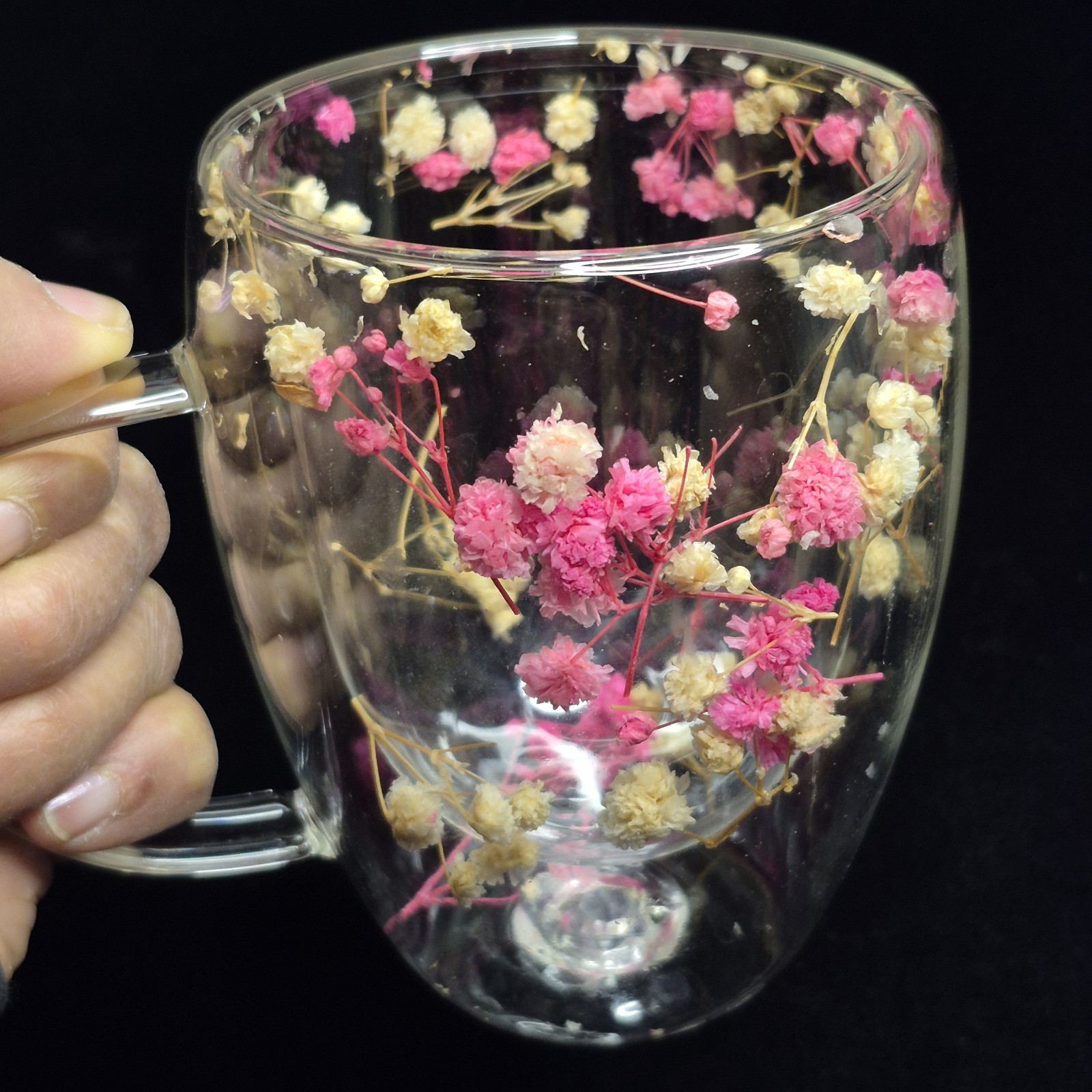 Dried Flower Glass Mug – Double Wall Clear Coffee Tea Cup – Botanical Floral