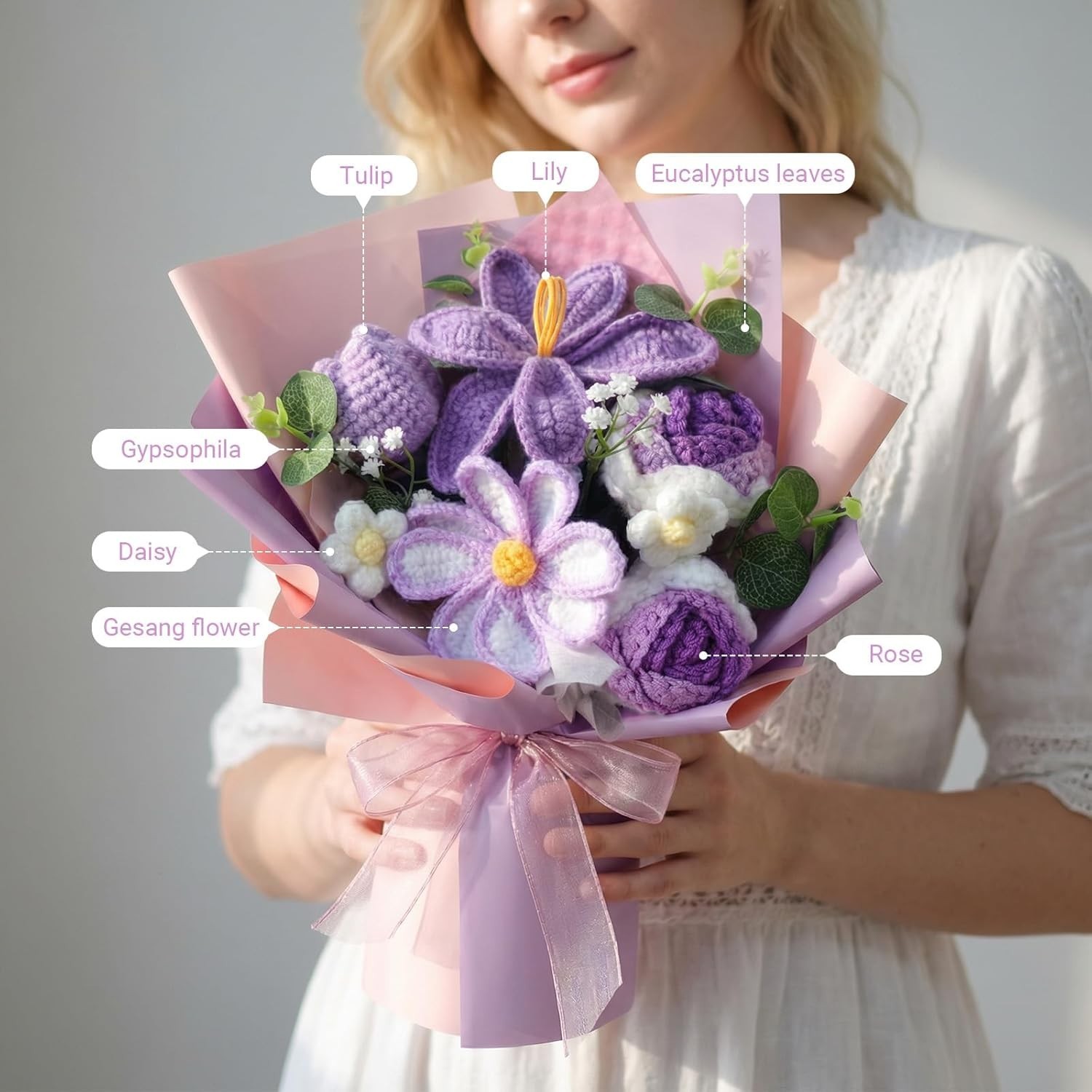 Crochet Flower Bouquet, Purple Handmade Knitted Flowers with Lights & Vase Cr…