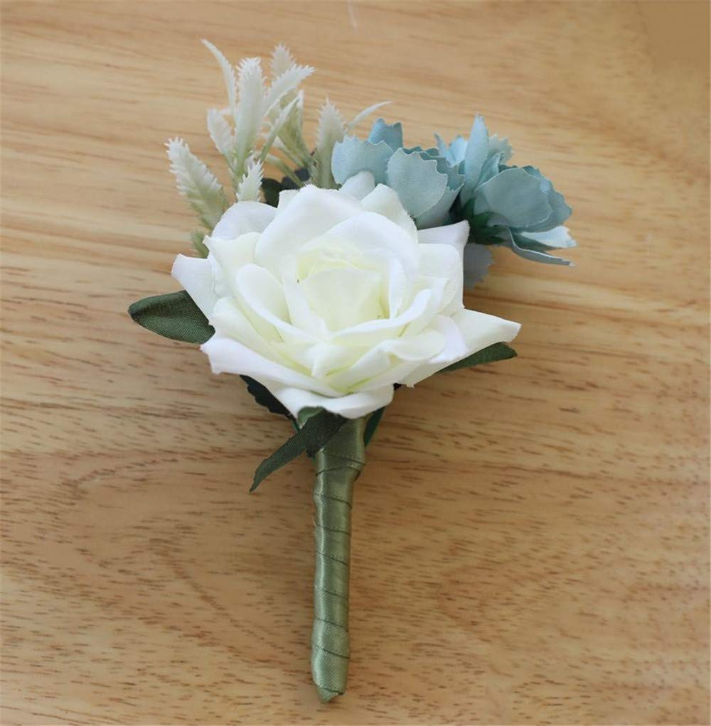 Artificial Rose Boutonniere Corsage Set Silk Flower Wedding Prom Party White