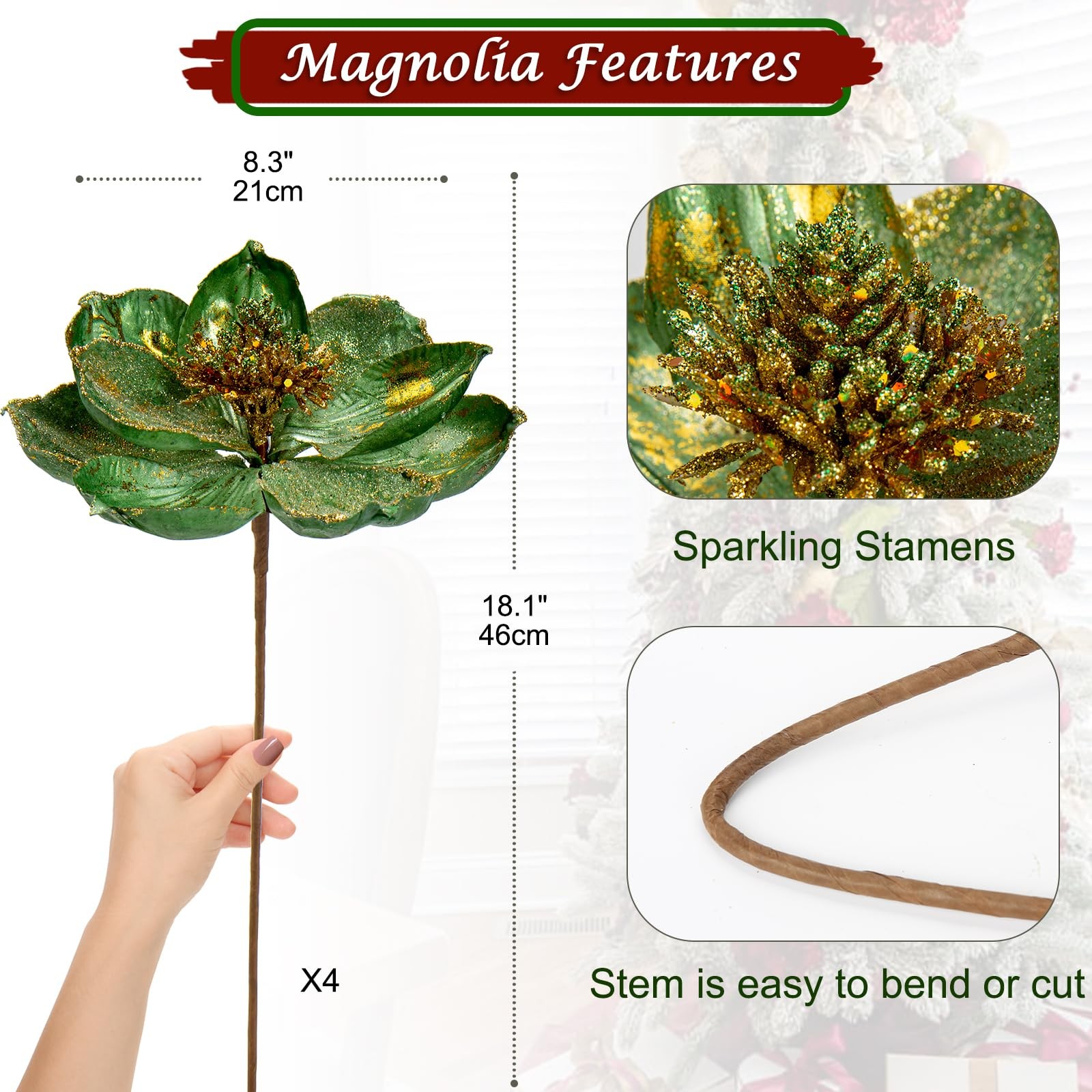 8’’ Large Heads Christmas Glitter Magnolia Flowers Christmas Tree Ornaments S…