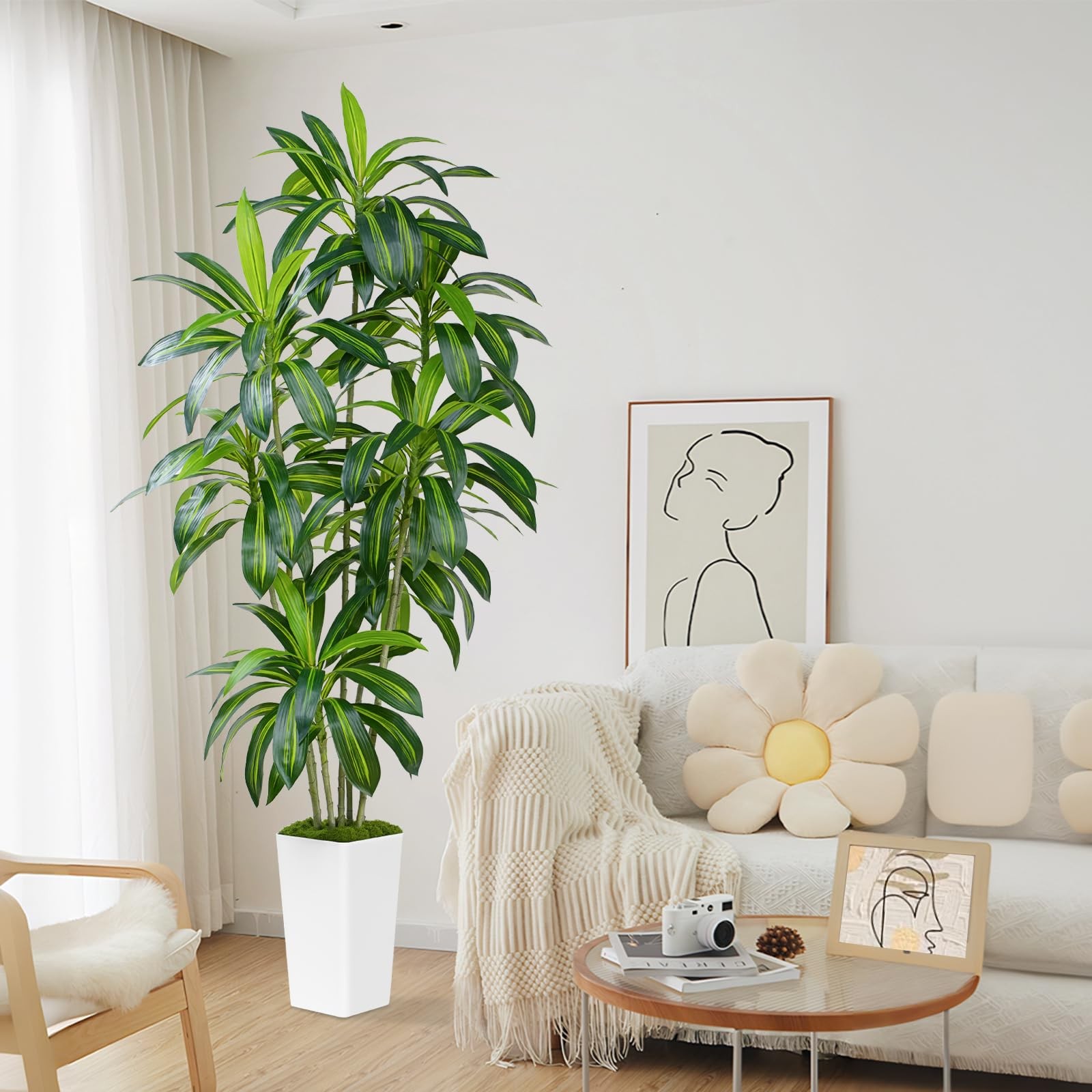 Dracaena Plant Artificial Tree 7Ft Tall Fake Tropical Floor Plants Potted (Re…