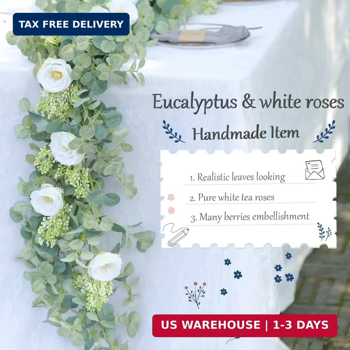 PARTY JOY 6.56ft Eucalyptus Garland with Flowers-8 White Roses, Artificial Fake