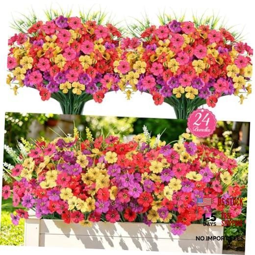 24PCS Fake Flowers Outdoor, UV Resistant Artificial Silk Flowers | Realistic
