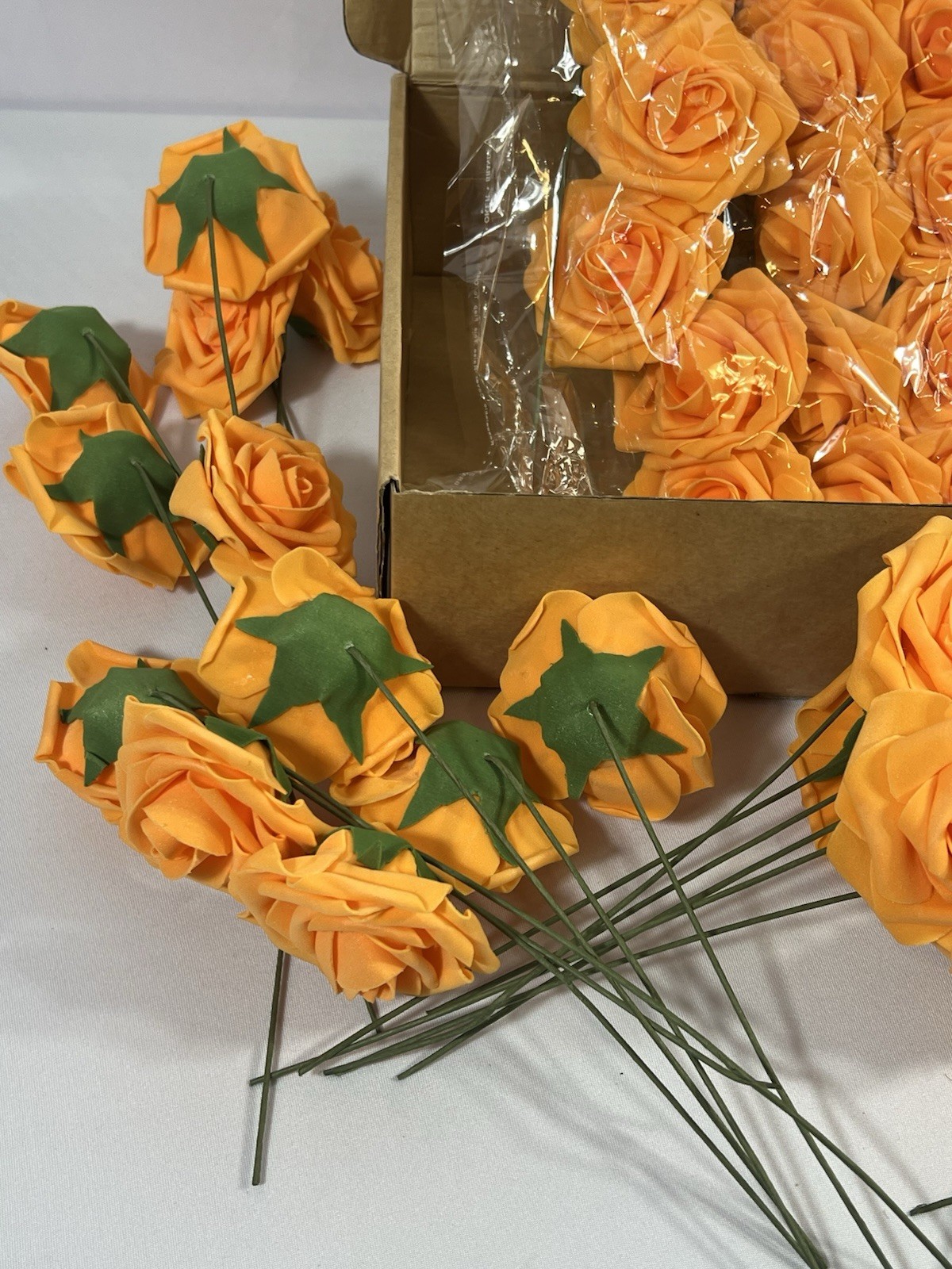 Artificial Rose Flowers 54 Pc Real Touch Fake Flowers with Stem Orange Faux Foam